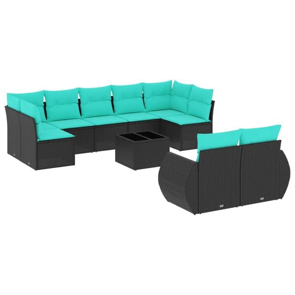 vidaXL 10 Piece Garden Sofa Set with Cushions Black Poly Rattan