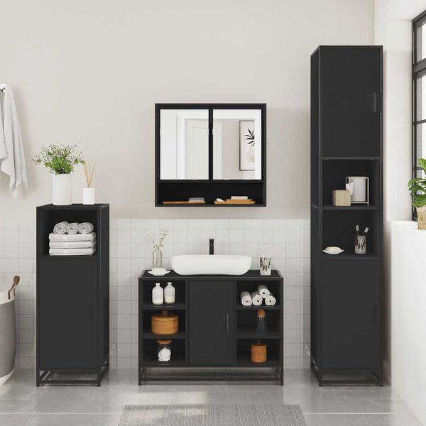 vidaXL Bathroom Furniture Set Black Engineered wood, metal, glass Medium