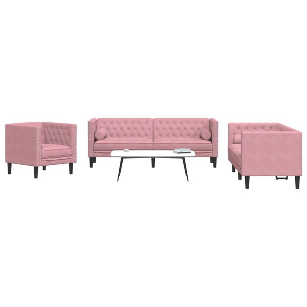 vidaXL 3 Piece Chesterfield Sofa Set with Bolsters Pink Velvet