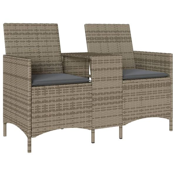vidaXL Patio Sofa 2-Seater with Table and Cushions Grey Poly Rattan
