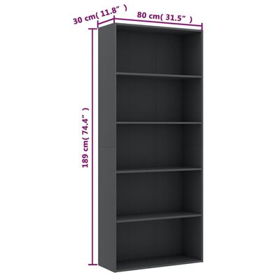 vidaXL 5-Tier Book Cabinet Gray 31.5"x11.8"x74.4" Chipboard