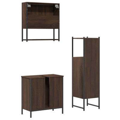Three-piece bathroom storage collection: wall-mounted cabinet, tall cabinet, and two-door vanity cabinet.