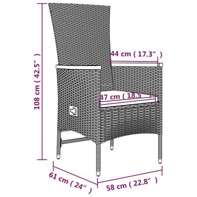 Dimensioned illustration of a wicker lounge chair with back and armrest, including overall height and seat dimensions