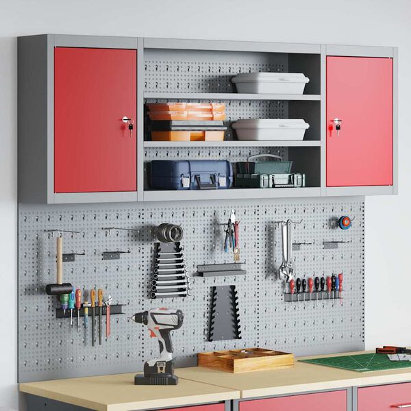 vidaXL Tool Cabinet and Pegboard Set 6 pcs Red 150 x 20 x 115 cm Steel