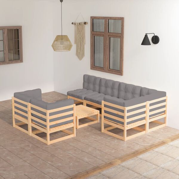 vidaXL Garden Lounge Set Natural wood, Grey cushions