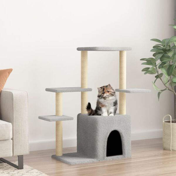 vidaXL Cat Tree Light grey Engineered wood, plush, sisal 38.4 in tall