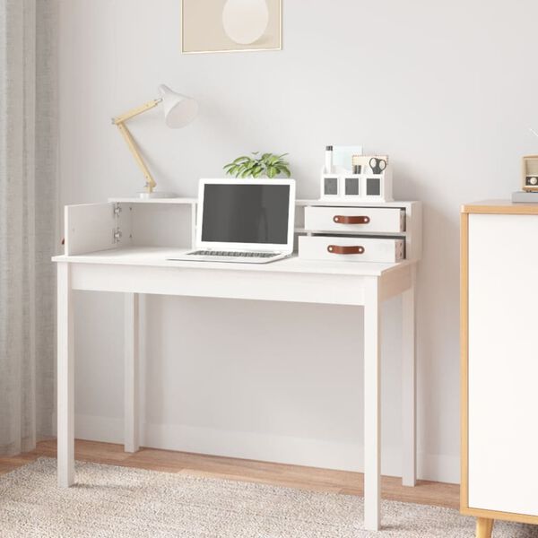 vidaXL Desk White Solid pine wood, faux leather (100% polyurethane)