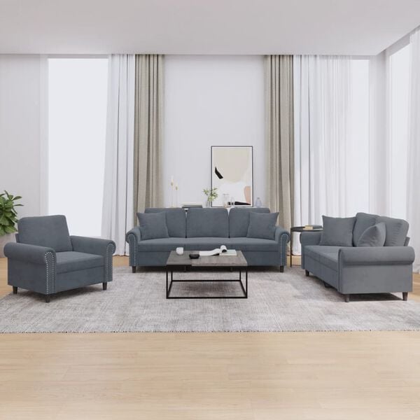 vidaXL Sofa Set Dark grey Velvet 3-seater, 2-seater, Chair Durable