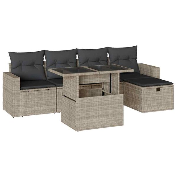 vidaXL Garden Sofa Set Light Grey PE Rattan 6 Piece Set Adjustable Feet