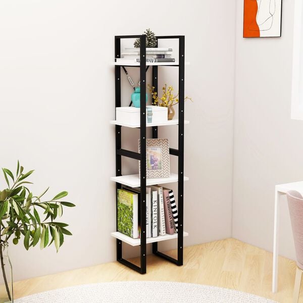 vidaXL Book Cabinet White, Black Solid Pine Wood, Metal Medium