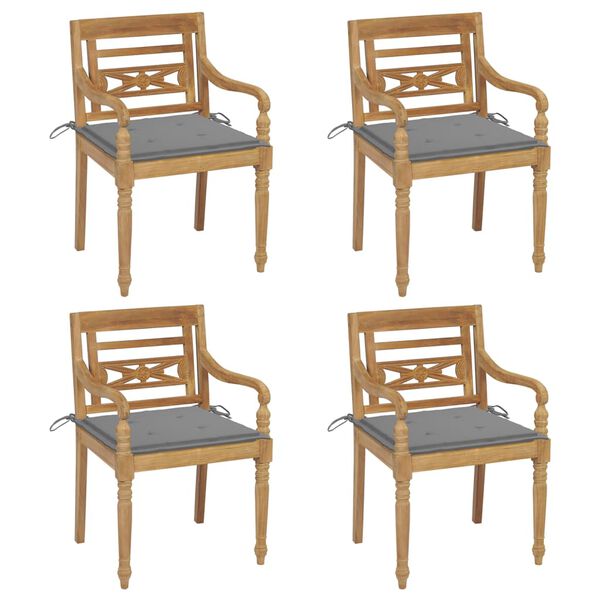 vidaXL Batavia Chair Set of 4 Teak, Grey Solid Teak Wood, Polyester Fabric