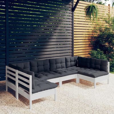 vidaXL 6 Piece Patio Lounge Set with Cushions White Solid Pinewood