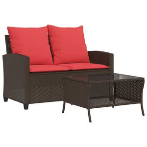 vidaXL Patio Sofa 2-Seater with Cushions&Table Brown Poly Rattan
