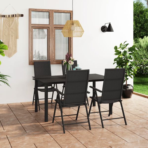 vidaXL Dining Set Black PE Rattan 5 Piece Setup Adjustable Armrests