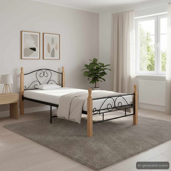vidaXL Bed Frame Black and natural wood Powder-coated metal, solid oak wood