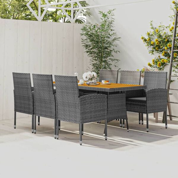 vidaXL Outdoor Dining Set Grey PE rattan, steel, solid acacia wood, foam