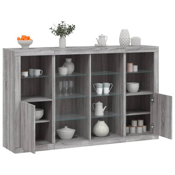 vidaXL Sideboard Set of 3 Grey Sonoma Engineered wood, Glass Large