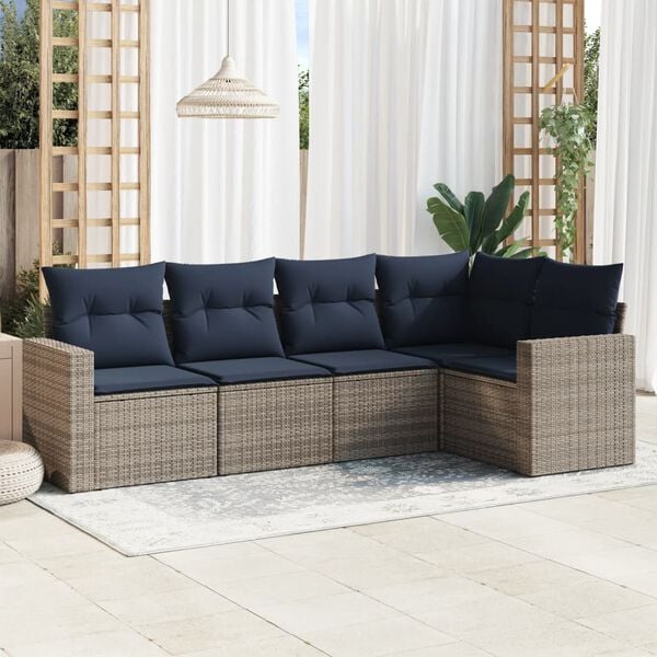 vidaXL 5 Piece Patio Sofa Set with Cushions Gray Poly Rattan