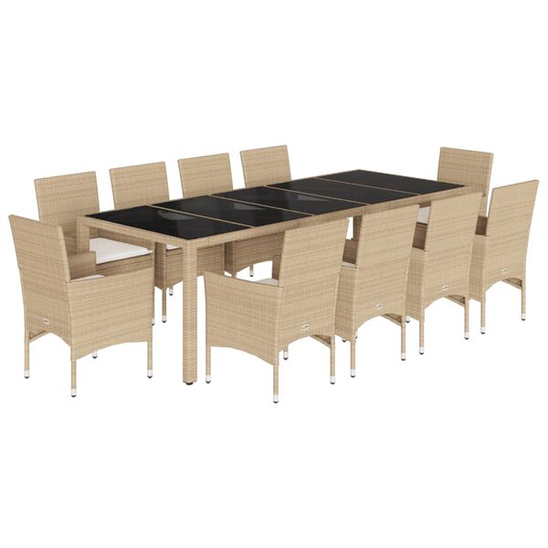 vidaXL 11 Piece Patio Dining Set with Cushions Beige Poly Rattan and Glass