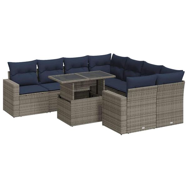 vidaXL 9 Piece Patio Sofa Set with Cushions Gray Poly Rattan Acacia
