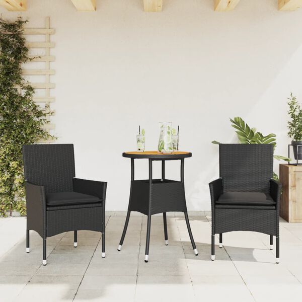 vidaXL 3 Piece Patio Dining Set with Cushions Black Poly Rattan and Acacia