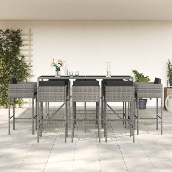 vidaXL Garden Bar Set Grey Poly Rattan Standard Footrest Bar Table Set