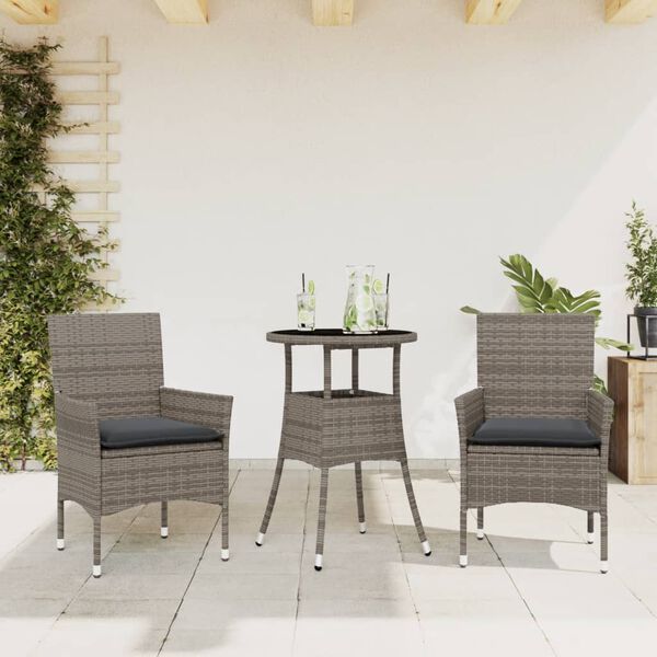 vidaXL 3 Piece Patio Dining Set with Cushions Grey Poly Rattan and Glass
