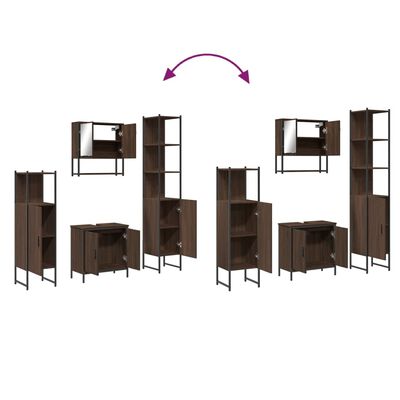  collage of multiple bathroom furniture pieces showing modular system and reversible door configurations; includes shelving and sinks.