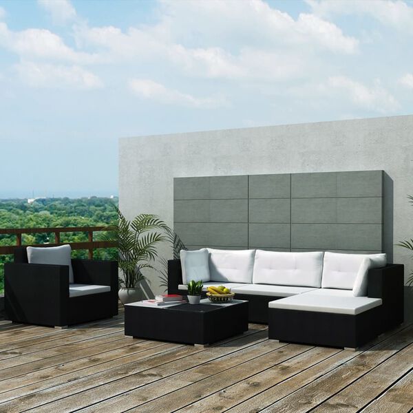 vidaXL Patio Sofa Set Set of 6 Black Rattan, Cream White Cushions