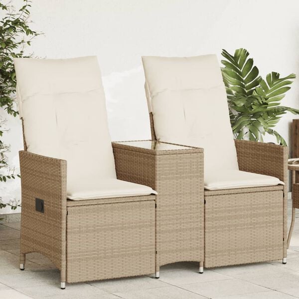 vidaXL Reclining Garden Sofa Beige PE rattan Two-Seater