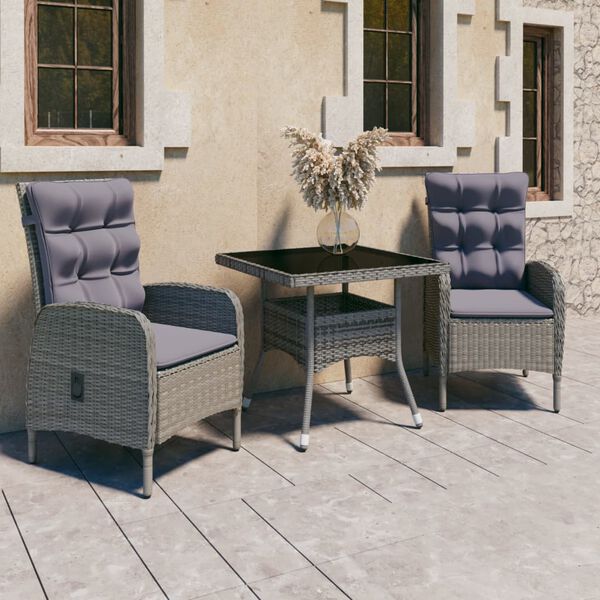 vidaXL Garden Dining Set Grey Poly rattan, steel, glass, polyester 3-Piece