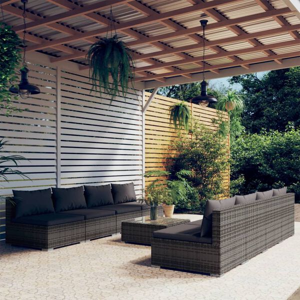 vidaXL Garden Lounge Set Grey PE rattan, powder-coated steel, plastic, glass