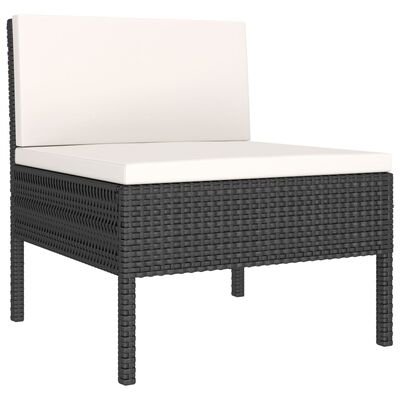 Dark wicker single-seat lounge chair with beige cushion, outdoor furniture.