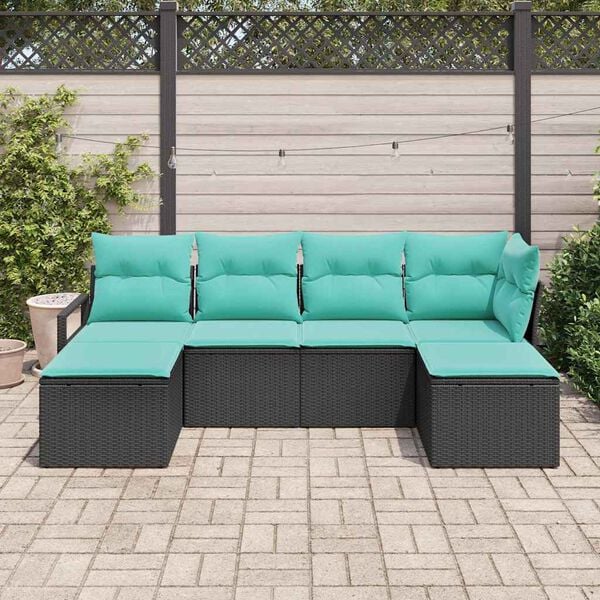 vidaXL Sofa Set with Cushion 6 pcs Black and Turquoise Poly Rattan