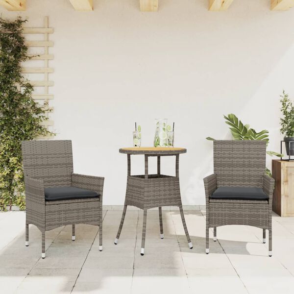 vidaXL 3 Piece Patio Dining Set with Cushions Grey Poly Rattan and Acacia