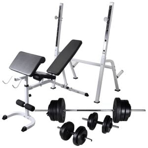 vidaXL Workout Bench with Weight Rack, Barbell and Dumbbell Set 133.4 lb (90364+90375)