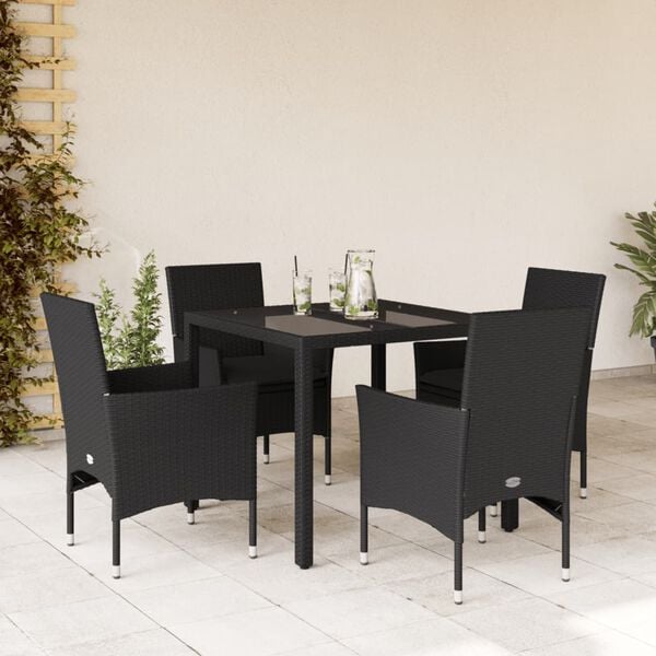 vidaXL 5 Piece Patio Dining Set with Cushions Black Poly Rattan and Glass
