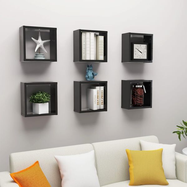 vidaXL Cube Shelf Set of 6 Glossy black Engineered wood Compact