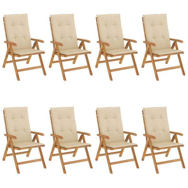 vidaXL Reclining Garden Chair Set of 8 Beige Teak wood Standard