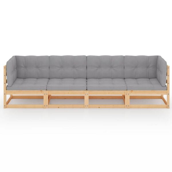 vidaXL Garden Sofa Grey Solid Pinewood, Fabric 4-Seater Modular