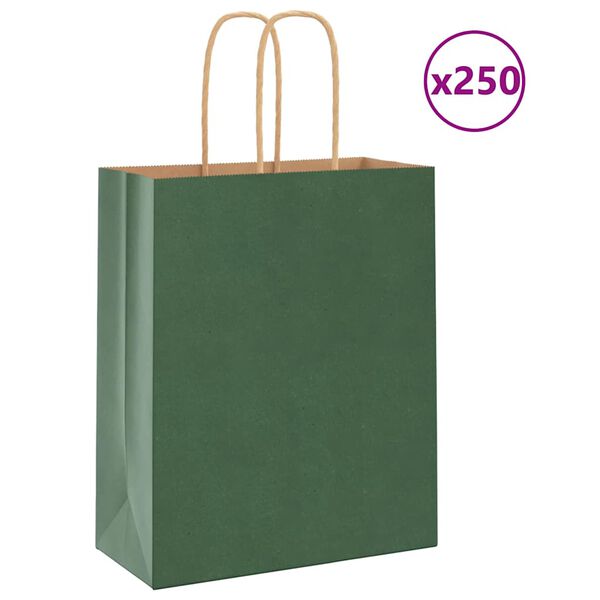 vidaXL Paper Bags 250 pcs with Handles Green 18x8x22 cm