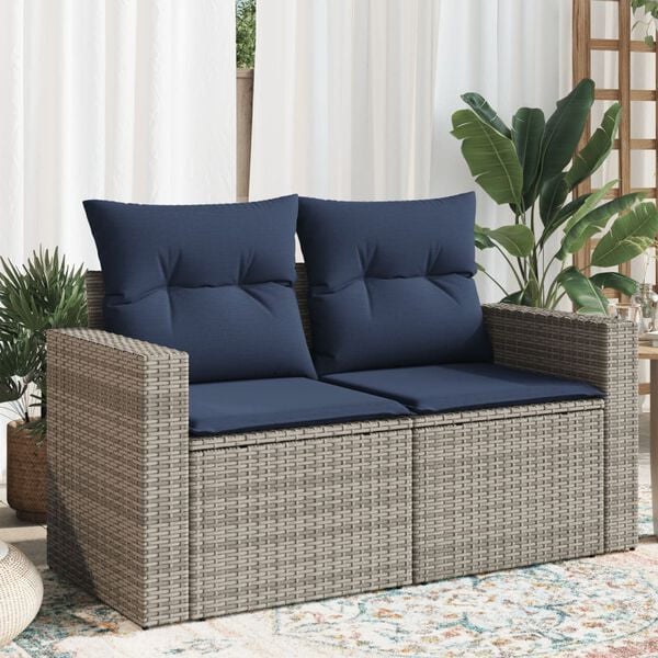 vidaXL Patio Sofa with Cushions 2-Seater Gray Poly Rattan