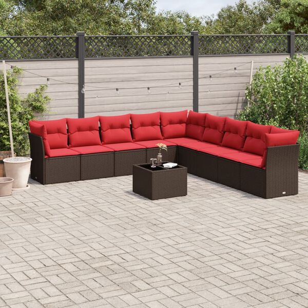 vidaXL 10 Piece Patio Sofa Set with Cushions Brown Poly Rattan