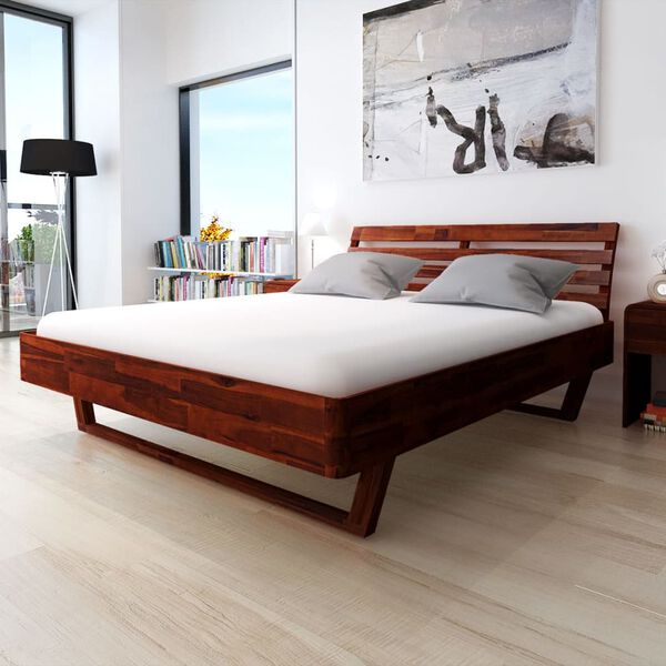 vidaXL Double Bed Brown Solid Acacia Wood Double Wood Grain Double Bed
