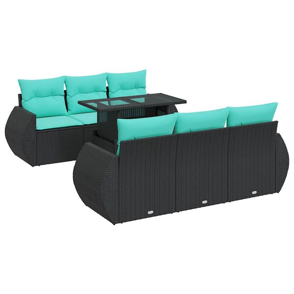 vidaXL 7 Piece Patio Sofa Set with Cushions Black Poly Rattan Acacia