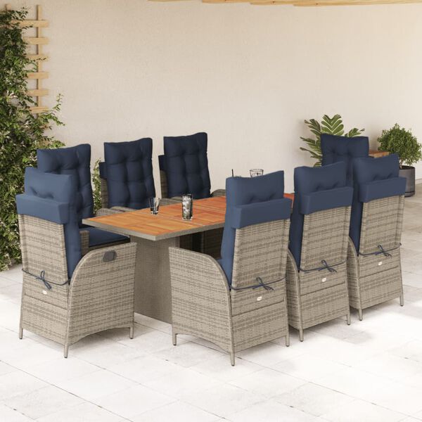 vidaXL Garden Dining Set Grey PE rattan 9 Piece Set Adjustable Armrests