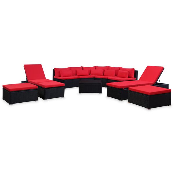 vidaXL 9 Piece Patio Lounge Set with Cushions Poly Rattan Red
