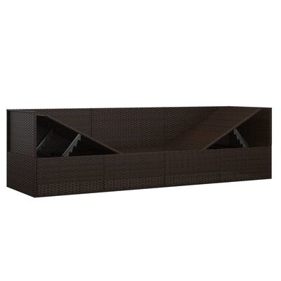 Back side view of dark brown wicker outdoor furniture storage/companion piece showing internal structure