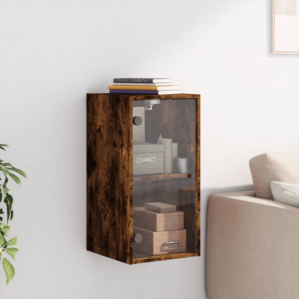 vidaXL Wall Cabinet with Glass Doors Smoked Oak 13.8"x14.6"x27"