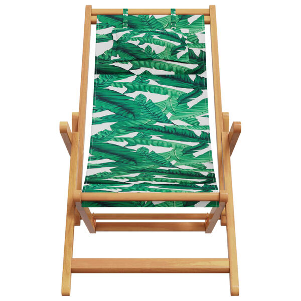 vidaXL Folding Beach Chair Leaf Pattern Solid Wood Eucalyptus and Fabric